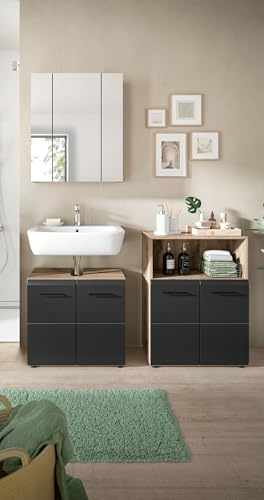 freiraum Badkombination Ice – 3-teiliges Badezimmer-Set in Schwarz Matt & Nox Oak – 135x185x30 cm – FSC®-Zertifiziert – inkl. Waschbeckenunterschrank, Spiegelschrank & Standschrank