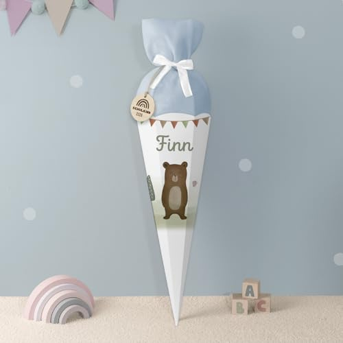 hellomini Personalisierte Schultüte aus Karton & Filz – Zuckertüte 84 cm für Jungen & Mädchen zur Einschulung – Hochwertiges Schultüten-Set mit Aquarell-Motiv (Bär, Blau)