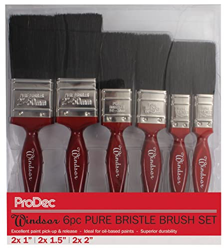 ProDec 6 piece Windsor Trade Professional Pure Bristle Paint Brush Set for Painting with Emulsion, Gloss and Satin Paints on Walls, Ceilings, Wood and Metal, Contains 2x 1, 2x 1.5, 2x 2 inch Brushes