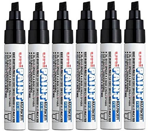 Uni Coloured Broad (4-8.5mm) PX-30 Black Oil Paint Marker Pen Metal Glass Wood Plastic Stone Outdoor Chisel Nib Tip (Pack Of 6)