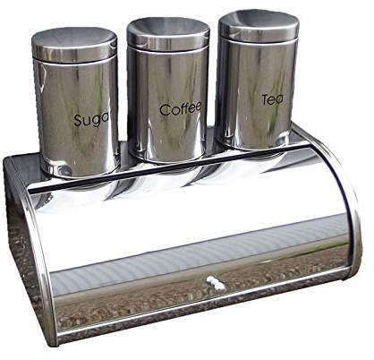 PRIME FURNISHING 4 Pcs Stainless Steel Tea Coffee Sugar Bread Bin Set Silver