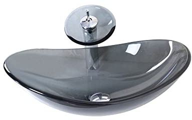 Homelavafans Modern Waschbecken Oval Grau Transparent Glas mit Wasserfall Armatur Set