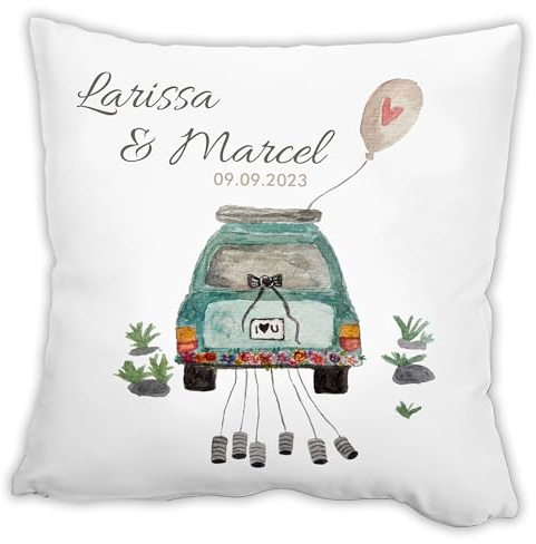 Kissen zur Hochzeit mit Namen und Datum, Geldgeschenk, Brautpaar, Hochzeitsgeschenk, Hochzeitsauto, inkl. Füllung 40 x 40 cm, Liebe, Valentinstag