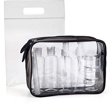 MOCOCITO Neceser Transparente con 8 Botellas de Viaje (MAX.100ml) y 1 Bolsa de Vuelo para Líquidos (20x20 CM,1L), Bolsa de Cosméticos Impermeable para Hombre y Mujer