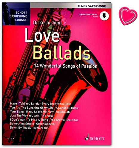 Love Ballads - 14 Wonderful Songs of Passion - für Tenor Saxophone - Notenbuch mit Online-Audio und bunter herzförmiger Notenklammer