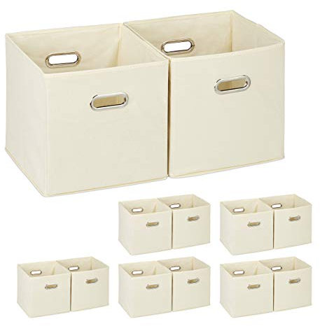 12 x Aufbewahrungsbox, Regalkorb ohne Deckel, Faltkiste mit Griff, Regalbox faltbar, Stoffbox quadratisch, 30 cm, beige