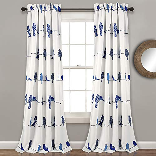 Lush Decor Rowley Birds Light Filtering Window Curtain Panels, Pair, 52 W x 95 L, Navy - Colorful Floral Print - Whimsical & Playful Bird Curtains For Bedroom, Living Room, Or Dining Room