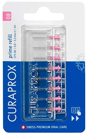Curaprox Interdentalbürsten-nachfüllpackungen CPS 08 Prime – Iso Grösse 1, Pink | Ultrafeine Filamente Für Präzise Interdentalreinigung | 8er-pack | Hergestellt in Der Schweiz | Englische Verpackung