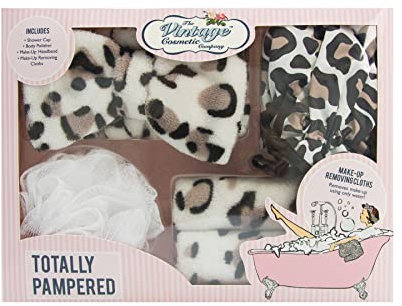 The Vintage Cosmetic Company Totally Pampered Set, Includes Make-up Remover Cloths Shower Cap Make Up Headband Body Polisher, Relax and Pamper Gift Set, Leopard Print Design