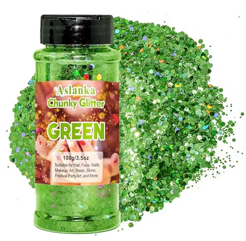 Aslanka 100g Brillo Corporal, Verde Purpurina Gruesa Holográfica, Chunky Glitter Flakes Paillette Brillante Decoración para Cara Maquillaje Pelo Arte Corporal Uñas y Hacer Manualidades