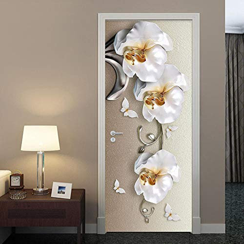 YQLKD Autocollant Poster De Porte 3D Papillon Orchidée Fleurs Papier Peint Mural De Luxe Stickers Muraux PVC Accueil Affiche