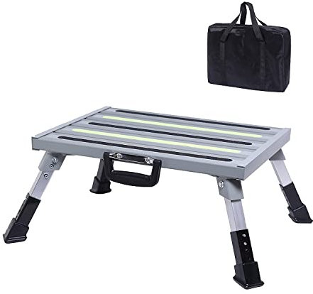 GarfatolRv Sicherheits-Wohnmobil-Tritthocker, großer Wohnmobil-Tritthocker, verstellbare Aluminium-Trittstufe mit rutschfesten Gummifüßen und leuchtendem Band, hält bis zu 680 kg