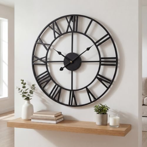 Heaven4you Medium Premium Wall Clock Roman Numerals Metal Indoor Round Open Face Black for Kitchen Hall Bathroom – Silent – Ready to Hang with Hook & Instructions for Hands 47cm/18.5inch