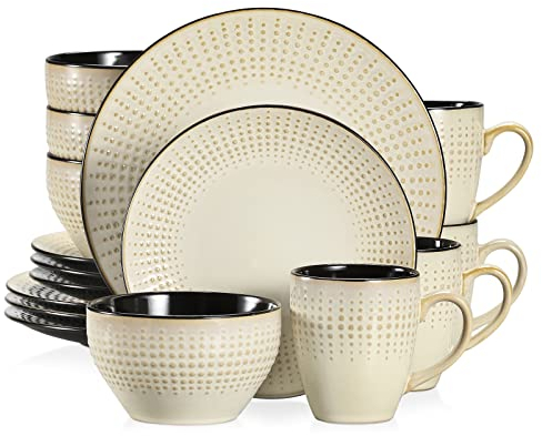 vancasso serie Guto Vajilla de Cerámica 16 pcs -4 Tazas/Tazones y Platos de Postre, Platos Llanos, para 4 Personas, Vajilla Vintage con Forma de Gota de Agua en Relieve- Beige