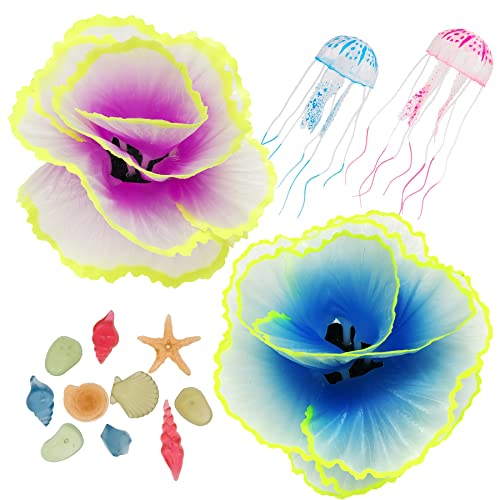 Cayway Aquarium Dekoration Künstliche Koralle, 2 Stück Leuchtender Effekt Koralle, 2 Stück Künstliche Quallen, 10 Stück Leuchtender Effekt Zufällige Farbe Muscheln Stein für Aquarium