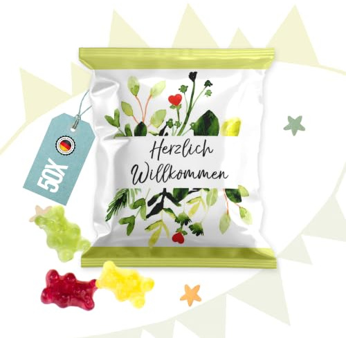 Gummibärchen Mini-Tütchen, 50 Stück: Kleine Tüten Fruchtgummi, Herzlich Willkommen, Gastgeschenke Hochzeit, Geburtstag & Taufe, Geschenk Gäste, Willkommensgeschenk Gäste, Süßigkeiten Klein, 7 x 9 cm