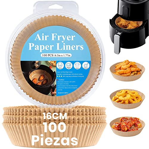 BISNIE Backpapier für Heißluftfritteuse 16cm,100 Stück Airfryer Backpapier Rund Antihaft Wasserdicht Ölfest Einwegschalen Luftfritteuse Pergamentpapier Liner für Heißluftfritteuse Ofen Mikrowelle