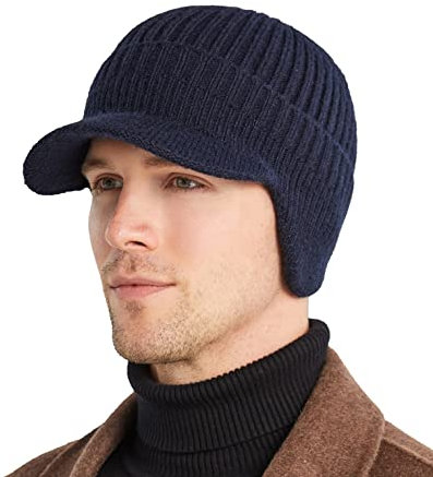 Koreshion Bonnet d'hiver à visière pour homme avec cache-oreilles en tricot - Casquette de baseball à bord court - Bonnet de ski chaud avec doublure en polaire, bleu marine, Taille unique