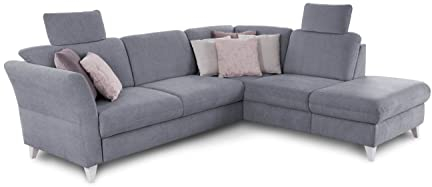 CAVADORE Schlafsofa Trend / Skandinavisches Ecksofa mit Federkern, Bettfunktion, Stauraum in der Ottomane und 2 Kopfstützen / 249 x 86 x 162 / Chenille, Hellblau