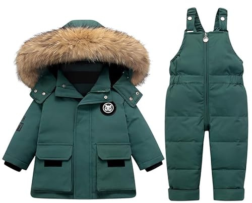 LAEMILIA Combinaison de Ski Enfants Ensembles de Neige Bébé Doudoune à Capuche Pantalons Salopettes Zippé Fourrure Amovible Veste en Duvet Hiver Chaud Tenue Plein Air pour 1-5 Ans