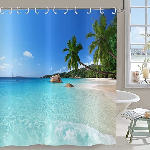 Hnmdmyi Rideau de Douche Ocean Beach 90x180, Palmiers Tropicaux Seaside Island Ciel Bleu Paysage Hawaïen, Baignoire Imperméable en Tissu Polyester Lavable pour Salle de Bain