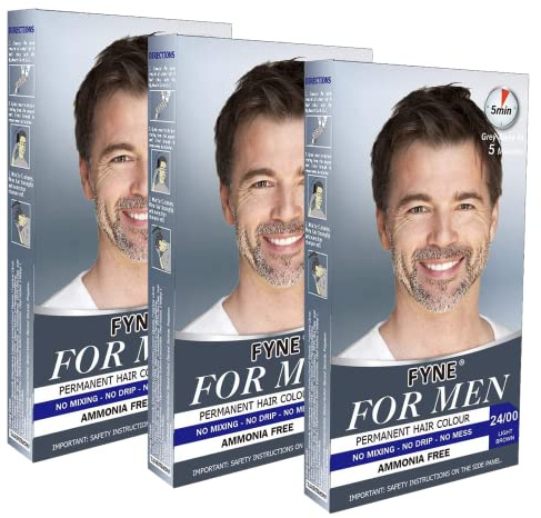 FYNE - Light Brown Permanent Hair Colour | Pack of 3 | Grey Hair Colouring for Men with Comb Applicator Included | Natural-Look Hair Dye | No Mixing Ready to Apply | Ammonia and Cruelty-Free