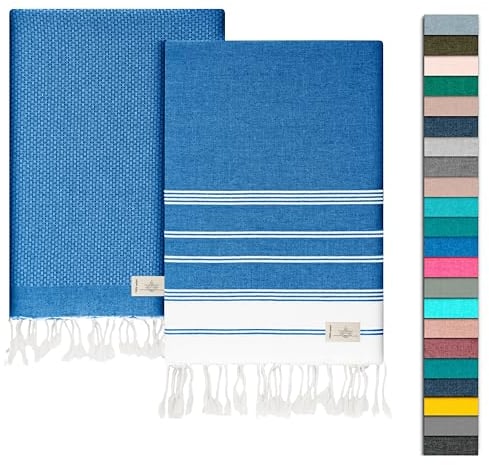NOUR Hamamtuch Strandtuch | 2er Pack | groß 100x200 cm | aus 100% Baumwolle | Picknickdecke | Saunatuch | Extra leicht | saugstark | schnelltrocknend | Sandfrei (blau)