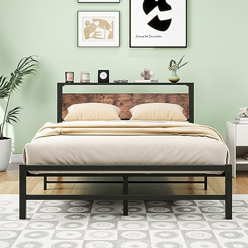 HOMERECOMMEND Double Bed Frame with Wood Storage Headboard No Box Spring Needed,Steel Slats Mattress Foundation Square Pipe Design Noise Free Black Double