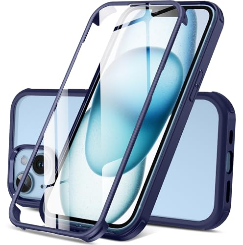 DOSNTO Double Sided Clear Case for iPhone 15(6.1''), Front and Back Full Body 360 Shockproof Drop Protection Phone Case Built-in Tempered Glass Screen Protector Rugged Phone Cover, Blue