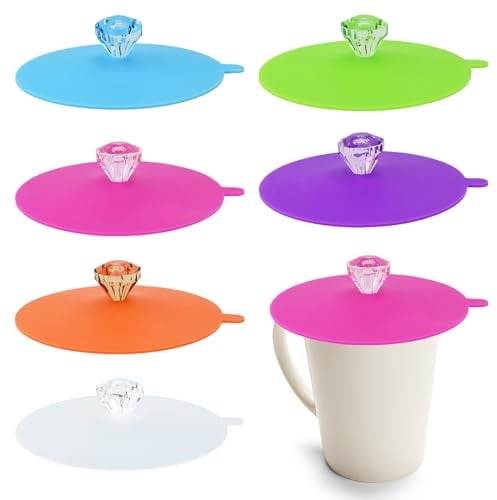Bekecidi 6 Pcs Silicone Cup Lids, Colorful Round Diamond Cup Covers for Drinks, Reusable Food Grade Anti-dust Drink Glass Cup Lids for Mug, Cup, Drinking Glasses, Home, Office