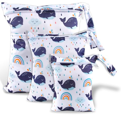 EKKONG Wetbag, 3 pezzi Wet Bag Borsa, Wetbag Pannolini Riutilizzabile, Borsa per Pannolini Lavabili Riutilizzabile, Sacchetto del Pannolino Lavabile con Zip Impermeabile Organizzatore (Balene)