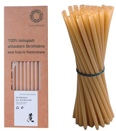 65 Stück Zuckerrohr-Strohhalme – plastikfrei, umweltfreundlich, biologisch abbaubar & kompostierbar | stabil für heiße & kalte Getränke | Alternative zu Plastik-, Papier- & Glasstrohhalmen | 20 cm