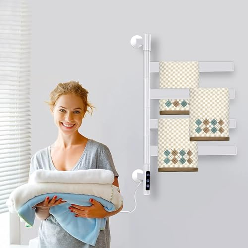 ZOYI Elektrischer badheizkörper handtuchhalter wandmontage Edelstahl handtuchtrockner elektrisch mit Thermostat handtuchwärmer elektrisch schwenkbarv 180°, für Bad,Küche (Weiß)