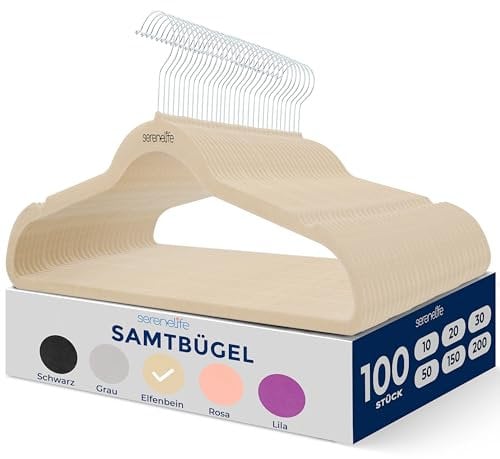 SereneLife Naturfarbene Kleiderbügel Samt 100 Stück, Kleiderhaken für Aufbewahrung & Organisation, Bügel rutschfest & Platzsparend, 360° drehbarer Haken für Kinder & Erwachsene, Clothes Hanger