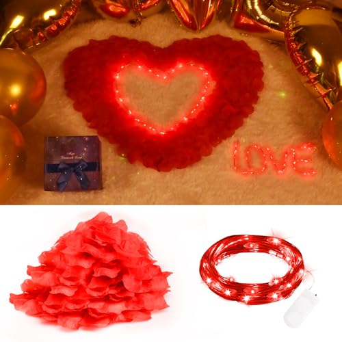 FFZZKJ Rosenblätter für Valentinstag Deko, Romantik 1200 Stück Künstliche Rosenblätter mit 3M Rot Lichterkette, Seiden Rosenblüten für Heiratsantrag, Hochzeit zum Streuen, Jahrestag, Geburtstag, Rot