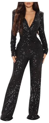 Zeiayuas Sequin Jumpsuit for Women UK Sale Elegant V Neck Long Sleeve Romper Sparkly Glitter Playsuit Ladies Wedding Party Clubbing Rompers Office Evening Trousers Sexy Glitter Bling Clubwear