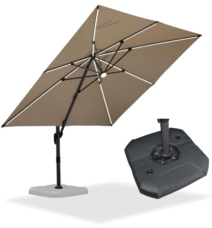 PURPLE LEAF Sonnenschirm mit Sonnenschirmständer 300 x 300 cm, Aluminium Ampelschirm mit Solar LED Beleuchtung, Gartenschirm mit Kurbel, 360° Rotation, UV-beständig, Beige