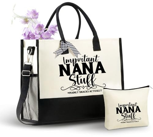 InnoBeta Nana Gifts Canvas-Tragetasche, wichtige Nana-Stoff-Tasche mit Reißverschluss oben und Schultergurt, für Geburtstag, Muttertag, Weihnachten, Natürlich, Einheitsgröße