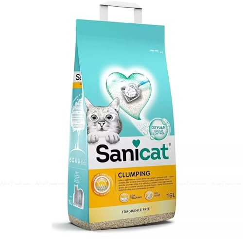 Sanicat Clumping Unscented Cat Litter, Natural Minerals, Odour Control, Moisture Absorbent, Easy Cleaning 16L