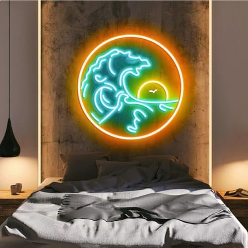 Groß Wellen Neonschild als Wanddekoration,Sonnenuntergang Sonnenaufgang Neonlichtschild Raumdekoration Dimmbares LED Nachtlicht Gaming für Teenager Spielzimmer Schlafzimmer Coole Geburtstags,38x38CM