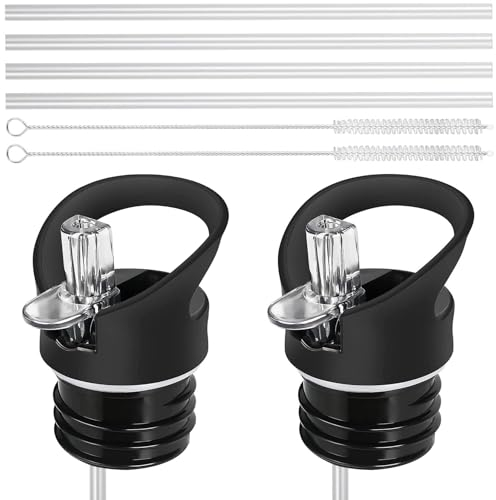 Forhandy Ersatzdeckel Strohdeckel, 2 Stück Ersatzdeckel für Trinkflasche Trinkflaschen Ersatzteile mit Strohhalm/Reinigungsbürste, Standard Mund Wasserflasche Deckel Schwarz Trinkflasche Straw Lid