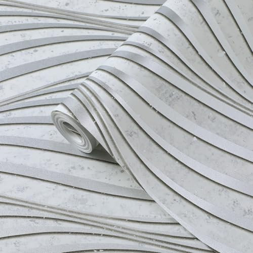 Baketron White Wallpaper 3D Silver Glitter Wave Embossed Wallpaper with Marble Effect Textured Feature Striped Modern Wall Paper Roll for Livingroom Bedroom Hallway Kitchen