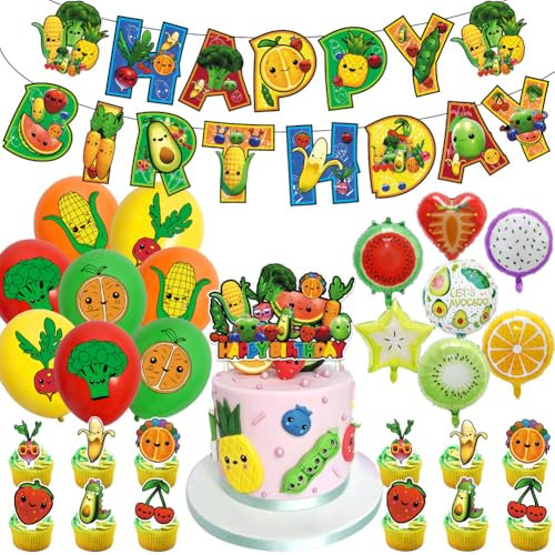 37PCS Birthday Decorations - Aluminum Foil & Latex Balloons, Cake Toppers, Happy Birthday Banner - Fruit Theme Party Supplies for Kids