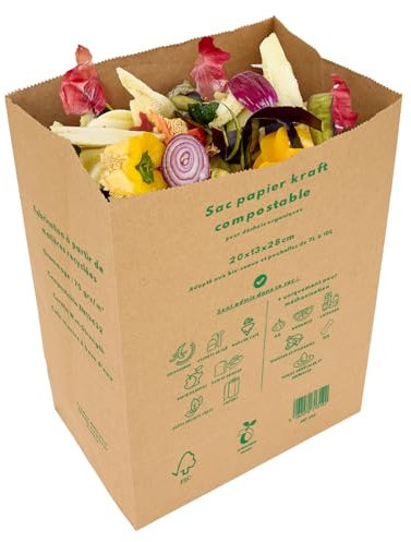 La Cordeline 20 Sacs Papier Kraft Compostables 10L Pour Déchets Organiques Maison, Fond Plat Renforcé Autoportant