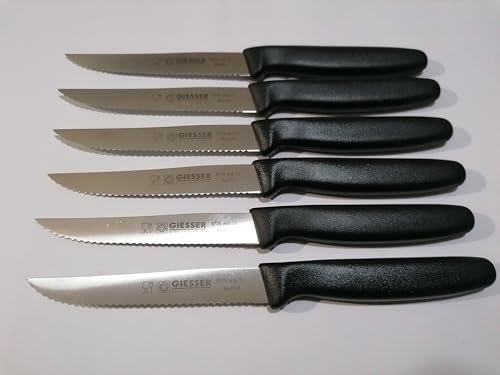 Giesser Messer - Made in Germany - Steakmesser Tomatenmesser Küchenmesser mit Wellenschliff 11cm - Schwarz, 6 St. mit Wellenschliff