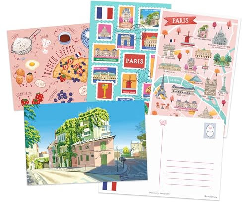 Navy Peony Paris Reise-Postkarten (10,2 x 15,2 cm, 12 Stück, 4 Designs) – Paris-Karte, Poststempel-Thema, Künstlerisch Illustrierte Postkarten für Postcrossing