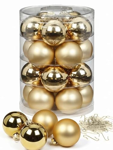 Inge Glas Weihnachtskugeln mit Haken | Schöne Christbaumkugeln aus Glas | Set 20 Kugeln und 40 Aufhänger | Christbaumschmuck Weihnachtsbaumkugeln (Brokatgold)