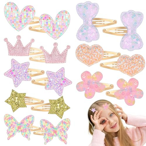 Tyqour Lot de 16 barrettes à cheveux pour fille - Couronne étoile cœur papillon - Pinces à cheveux à paillettes - Barrettes en métal multicolores pour filles - Accessoires pour cheveux pour enfants