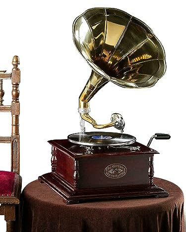 Gramophone With Brass Horn ~ Record Player Square Base – 78 rpm vinyl phonograph/Perfect for Home/Music Lovers