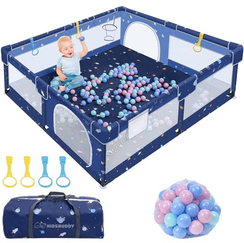 Kidsgigglz Laufstall Baby, Baby laufgitter 150x180x66cm mit Bällen, Oxford Gewebe Schutzgitter Kinder Playpen Kinderzaun mit Tragetasche, Stabile Gitter Laufstall-Atmungsaktivem Netz, Cartoon-Modell